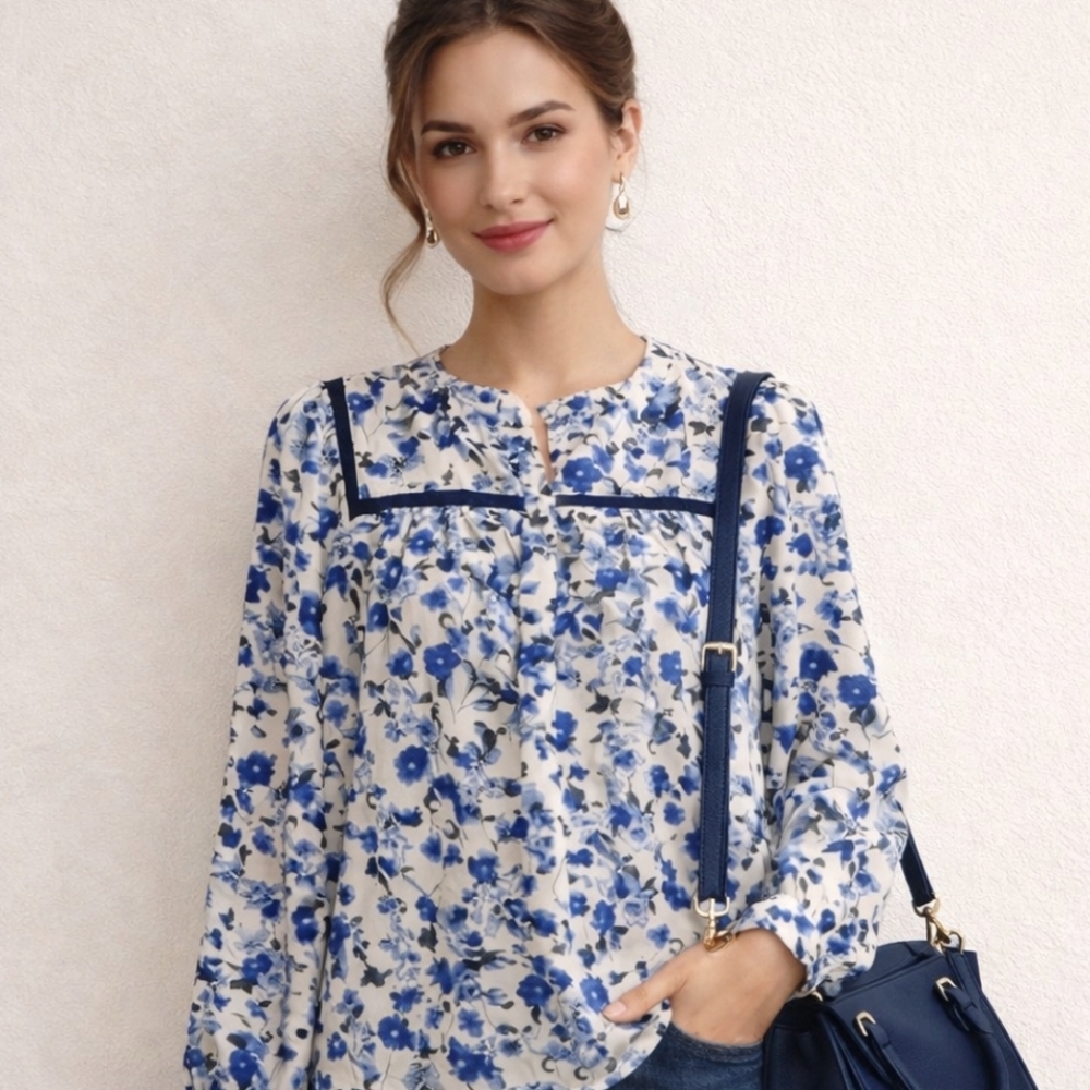Talbots | Floral Blue White Subtle Pailey Blouse Long Sleeves